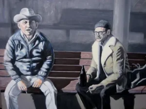 A painting of two men smoking together