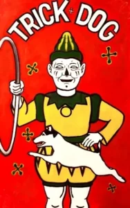 An artwork of a jester with a hoop and a dog