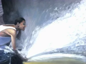 A painting of a person playing with water