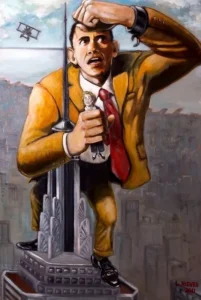 An oil painting of Obama on the empire building