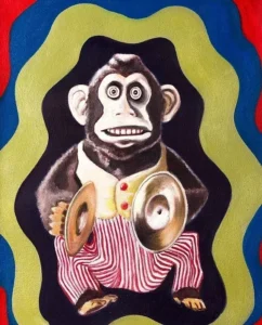 An oil painting of a freaky monkey toy