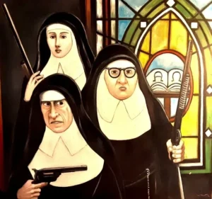 A painting of three con nun with weapons