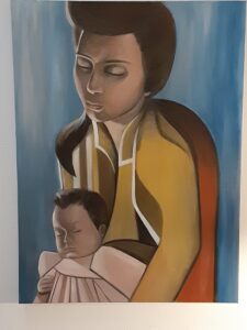 An oil painting of a mother and child