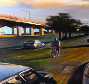 An oil painting of a person cycling