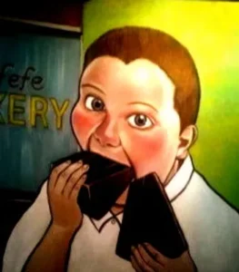 An oil painting of a boy eating cake