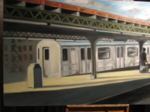 An oil painting of train station
